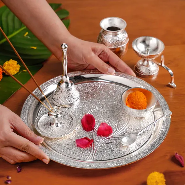 Complete Navaratri Set – Diyas, Bells & Silver Pooja Trays